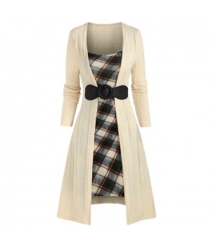 Women's Clothes Elegant Patchwork Button Plaid Print Knitted Plus-size Dress Halloween Party