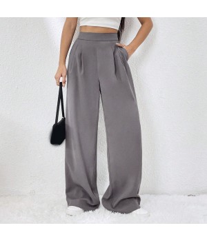 Fashion plain elastic waist casual pocket baggy straight leg women's pants & trousers with high quality wholesale