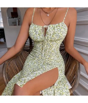 High-end Dress Bulk Clothes Fashion Spaghetti Strap Bow Tie Neck Gathered Bust Floral Mini Floral Tie Front Slit Hem Cami Dress