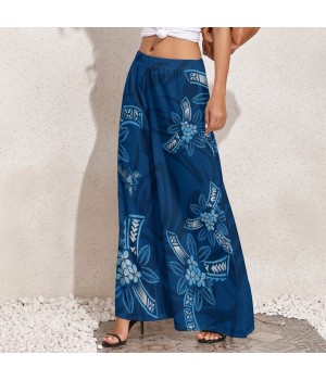 Women's Custom Polynesian Print Palazzo Pants - Wide Leg Ladies' Baggy Trousers with Waist Logo Placement