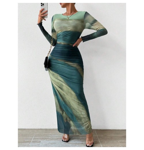 Customizable Women's Strapless Chiffon Dress Elegant O-Neck Design Sexy Tight Fitting Slit with Digital Printed Mesh