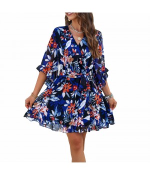 Custom Elegant Women Floral Chiffon Ruffle Boho Long Dress For Ladies