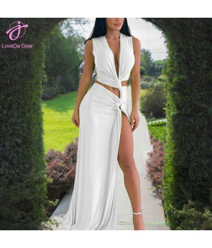 Loveda Wholesale Women Solid Color Sexy Deep V Hollow Sleeveless Slit Slim Long Dress